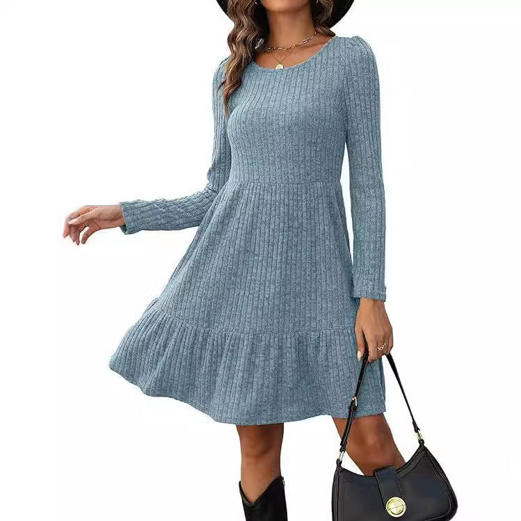 Solid Color Round Neck Knitted Sweater Dress