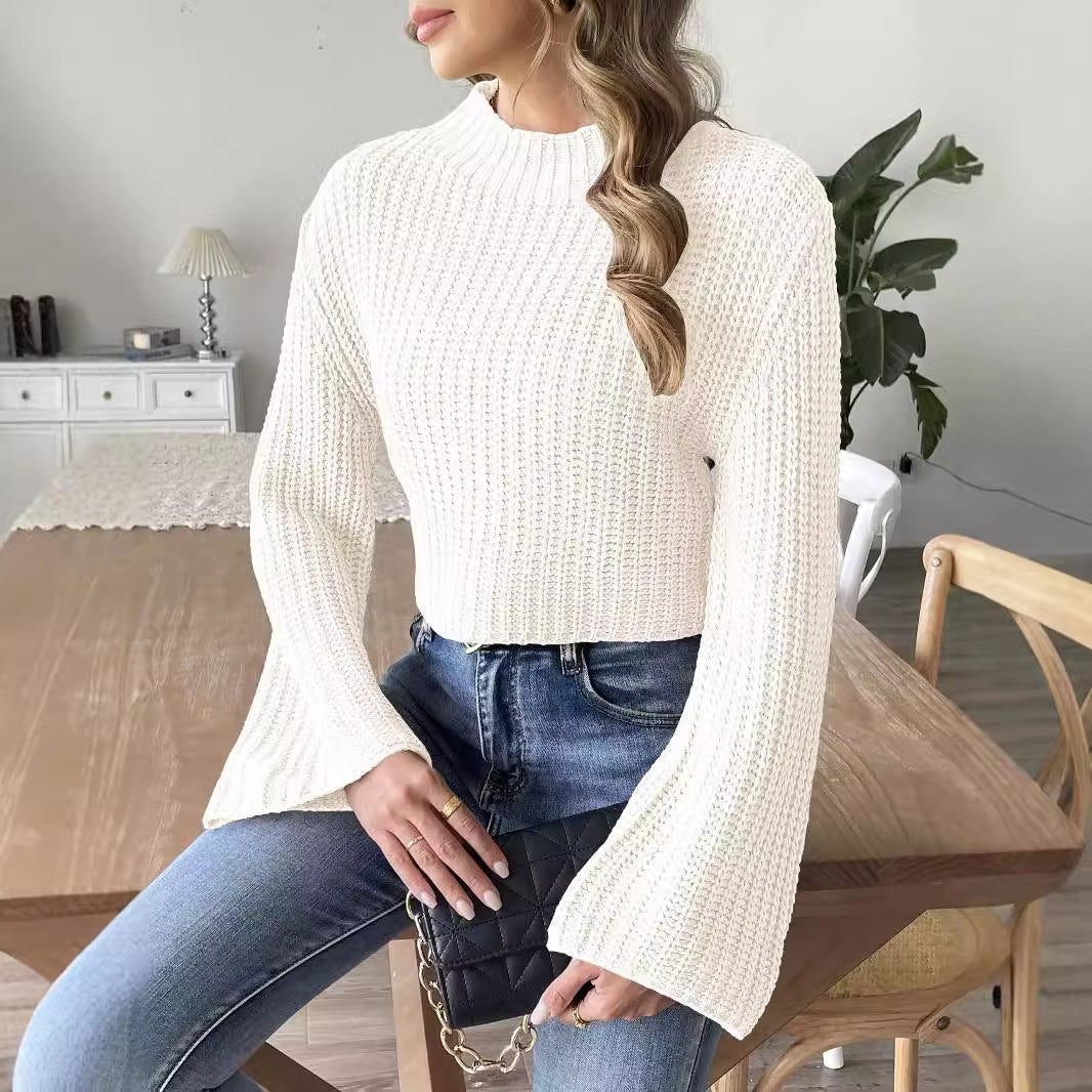 Women's Cropped Bell Sleeve Half-Turtleneck Knit Pullover