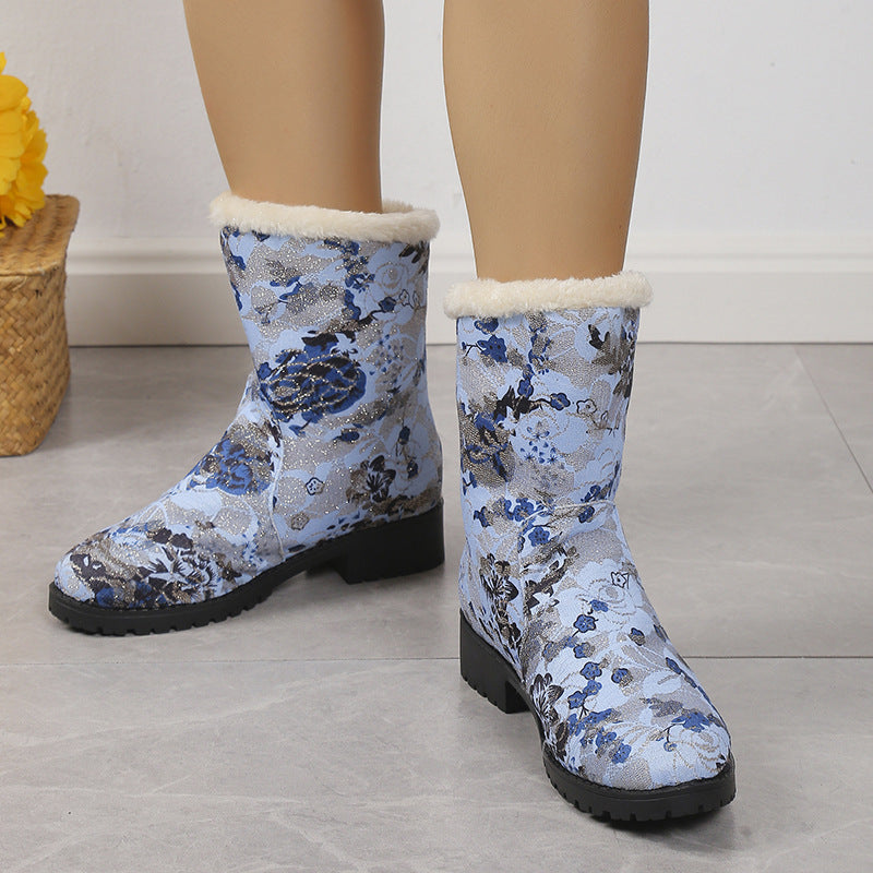 European and American Floral Plus Velvet Snow Boots for Women