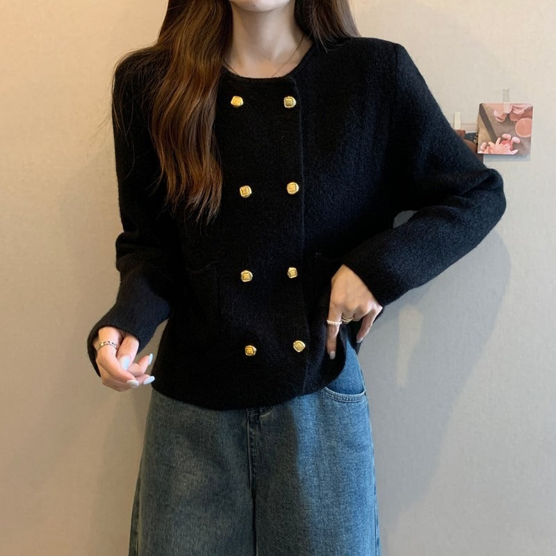 Solid Color Double-Breasted Round Neck Knitted Cardigan for Women