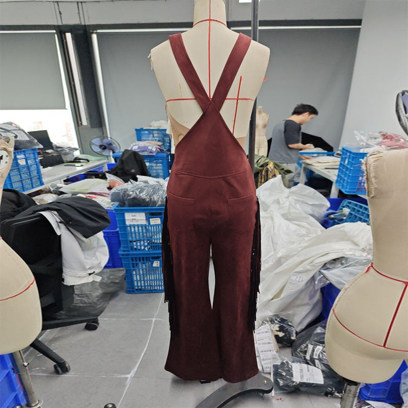 Women's Solid Color Fringe Wide-Leg Jumpsuit, Style Overalls With Pockets And Adjustable Straps And Button