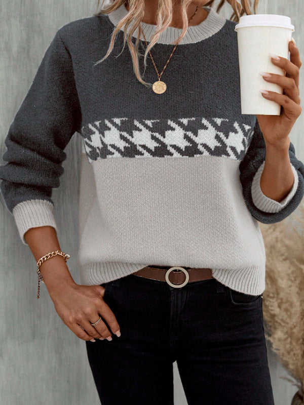 Fashionable Contrast Color Round Neck Knitted Sweater