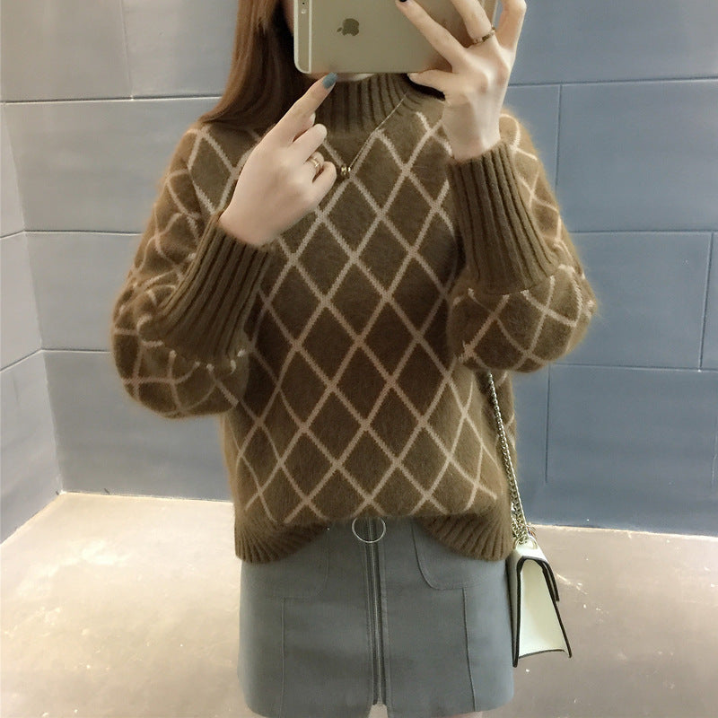 Korean-Style Trendy Diamond Grid Knit Pullover Sweater