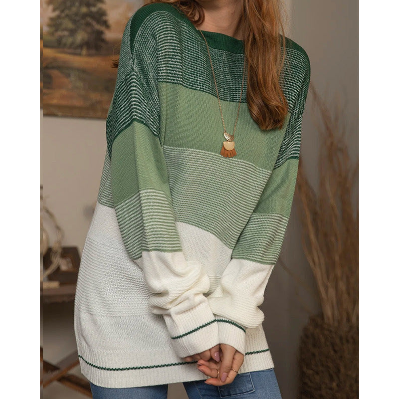 Women's Gradient Striped Color-Blocking Sweater – Loose Fit Green Knit Pullover