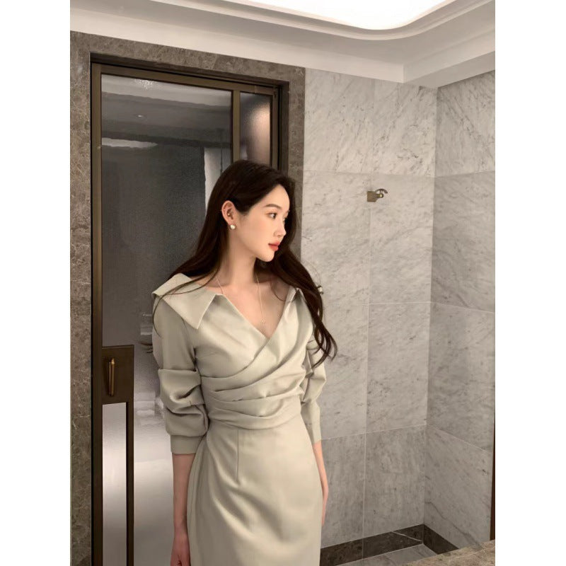 Slimming Puff Sleeve Elegant Young Self-tie Dress Women