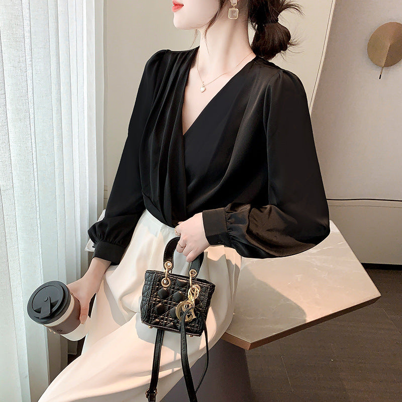 Women's V-Neck Satin Long-Sleeve Professional Blouse – Elegant Bottoming Shirt