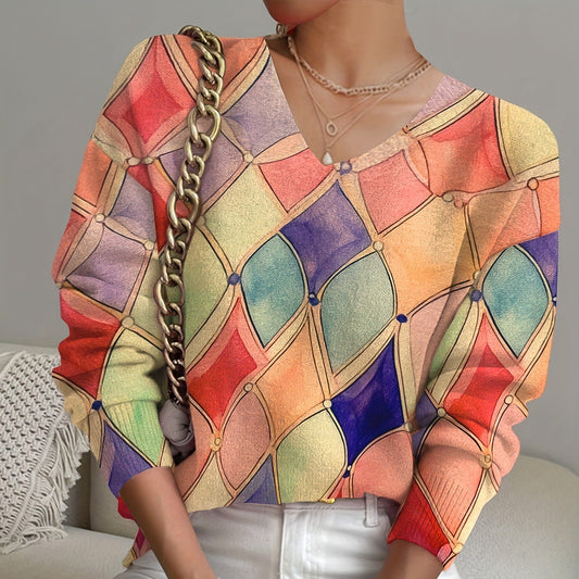 Women's V-Neck Long-Sleeve Sweater with Rhombus Print