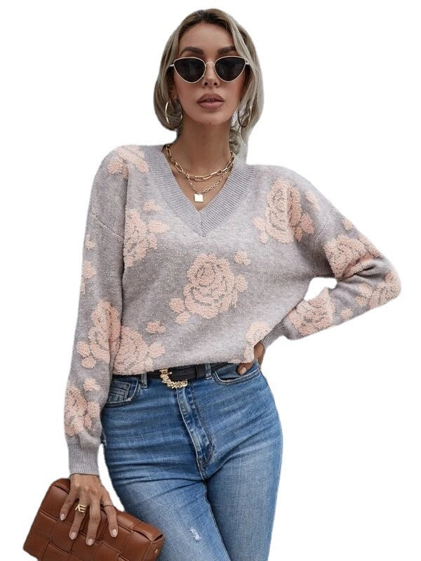 New Autumn and Winter Loose-Fitting Rose Women's Pullover Sweater