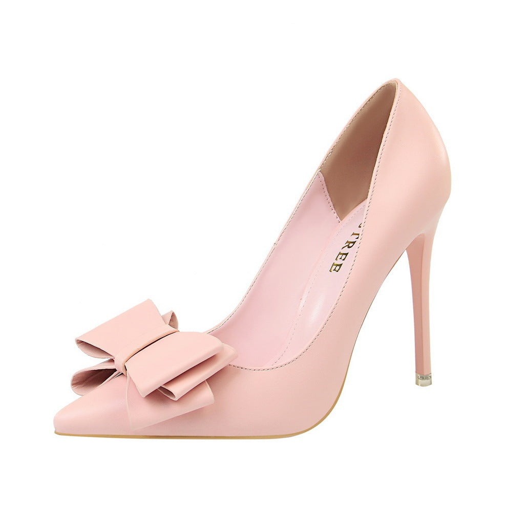 Shallow Mouth Pointed Toe Single Shoes with Bow Detail