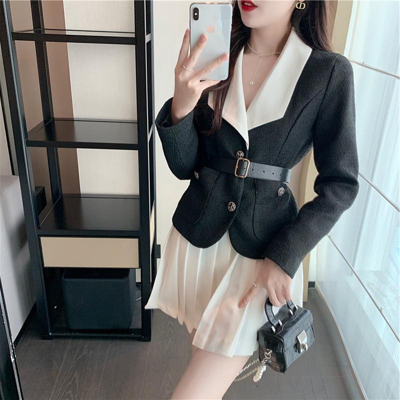 Two-piece High-waist Pleated Skirt Two-piece Short Jacket With Belt And Waist