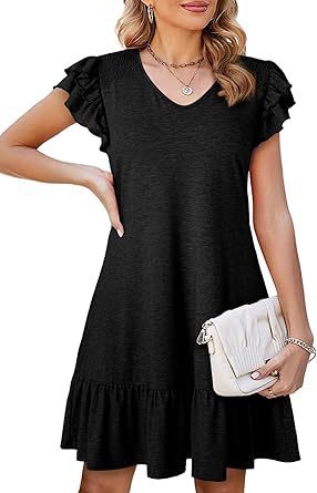 Women's V-Neck Ruffled Loose-Fit Waist Short Sleeve Dress