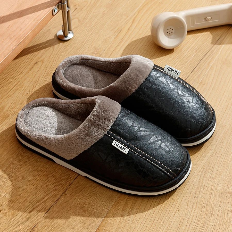 PU Leather Big Size Indoor Slippers - Waterproof, Fur-Lined Flat Shoes