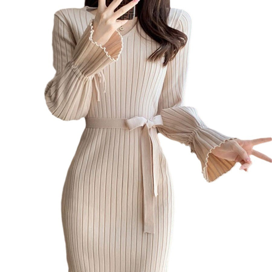 Autumn and Winter Solid Color Knitted Dress with Bell Sleeves