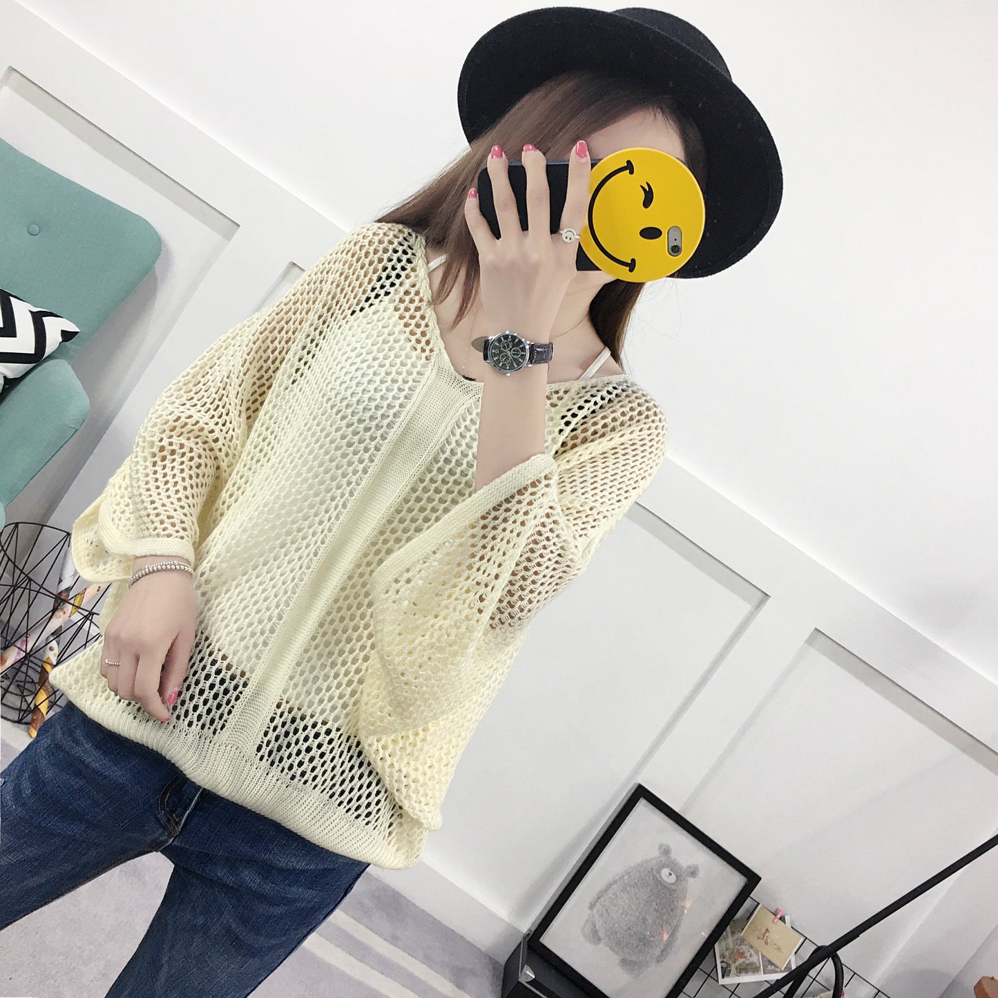 Spring and Summer Loose V-Neck Hollow Knit Sweater