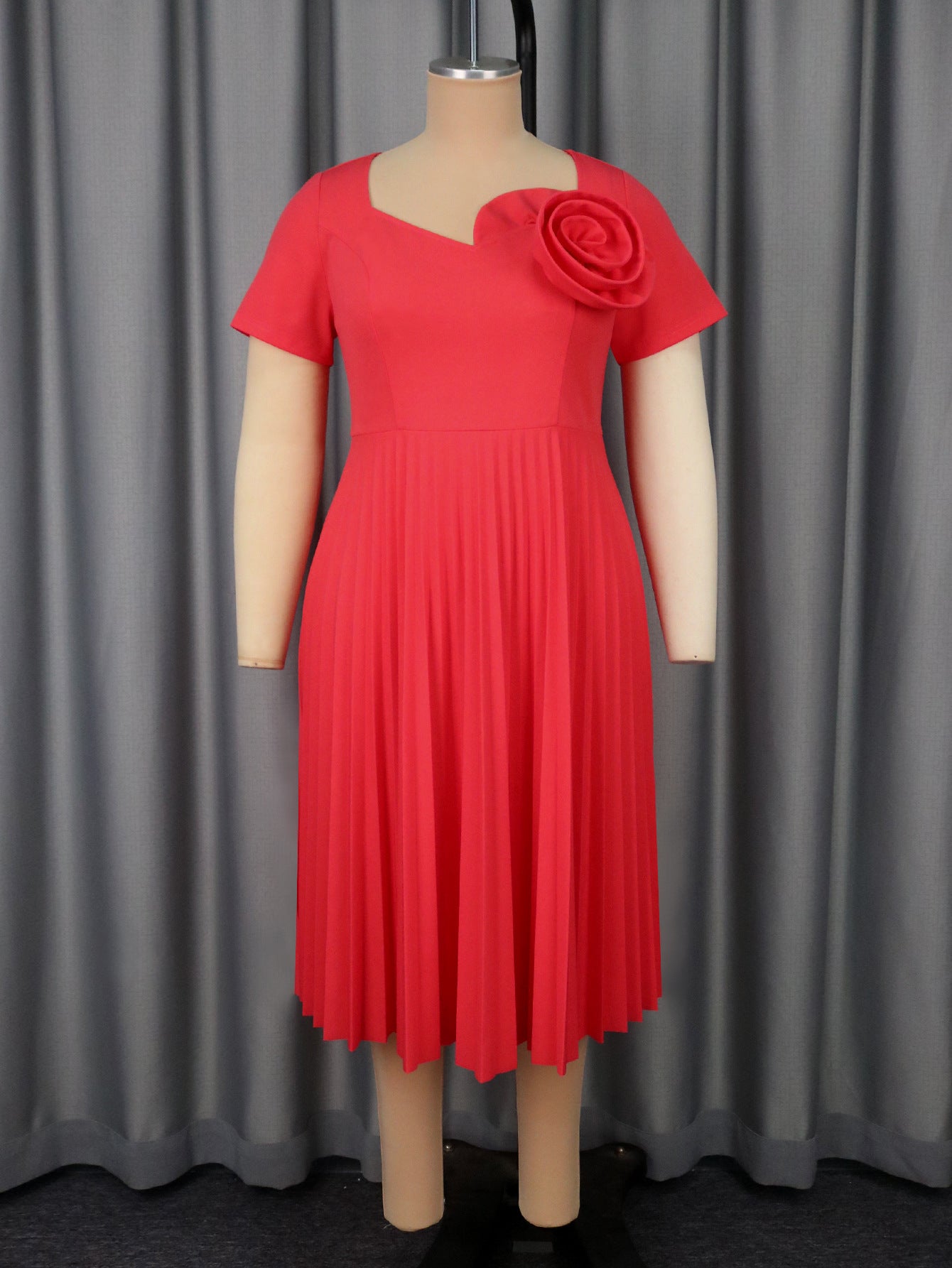 Women's Watermelon Red Short-sleeved Lace Mid-length Summer Pleated Dress