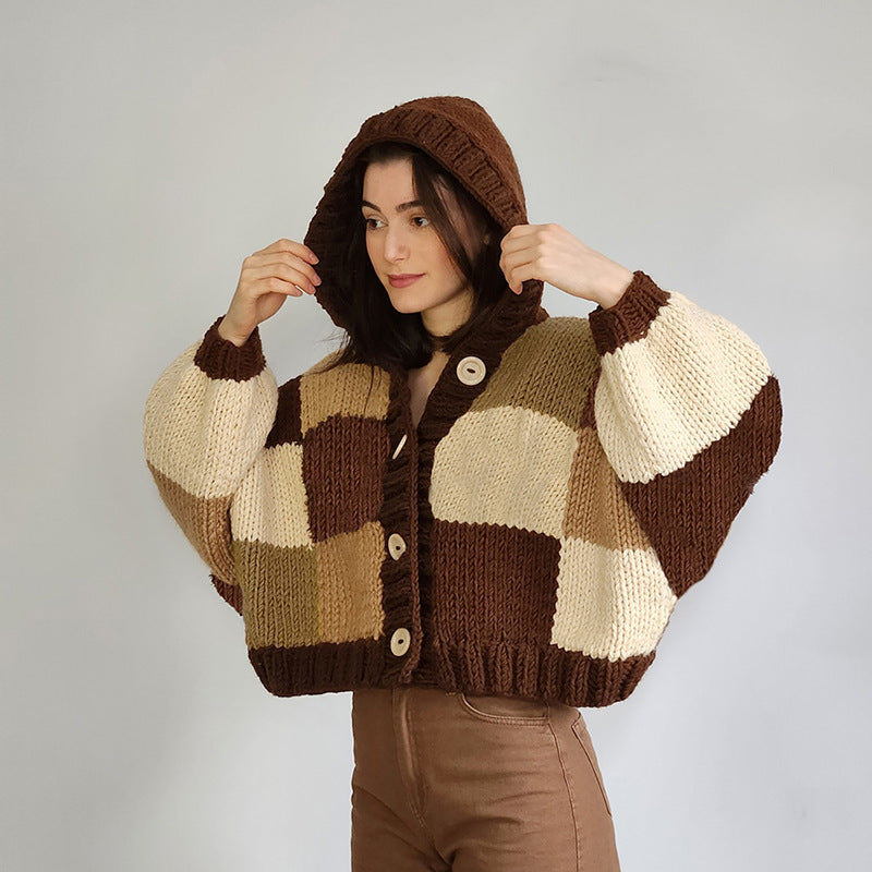 Women's Fashion Hooded Round Neck Cardigan with Button Detail - Plaid Knitted Coat