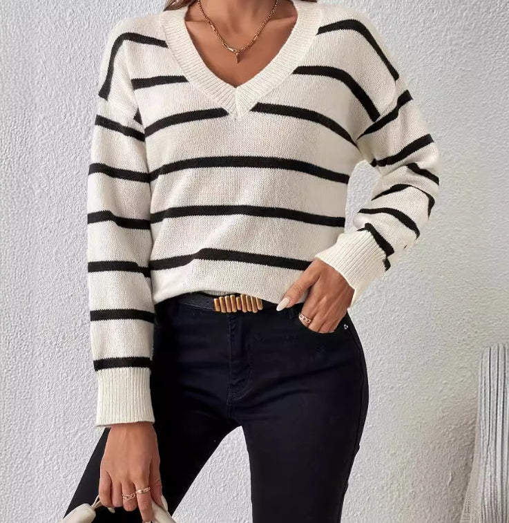 New Casual Striped V Neck Knit Pullover Sweater