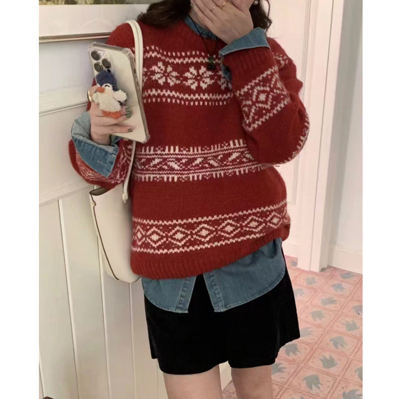 Loose And Thick Christmas Style Knitted Top Retro Round-neck Sweater