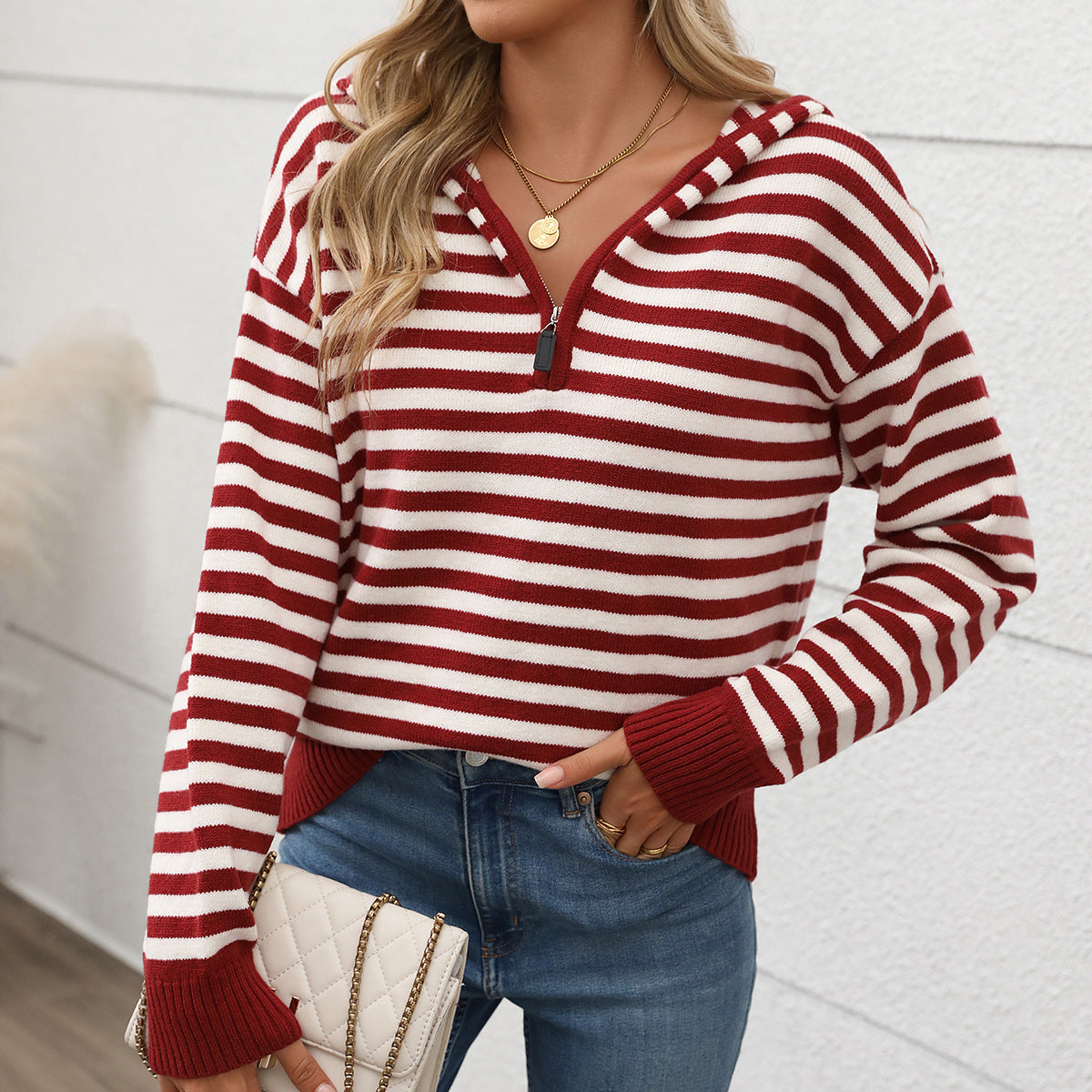 Women's V-Neck Striped Knit Pullover Sweater