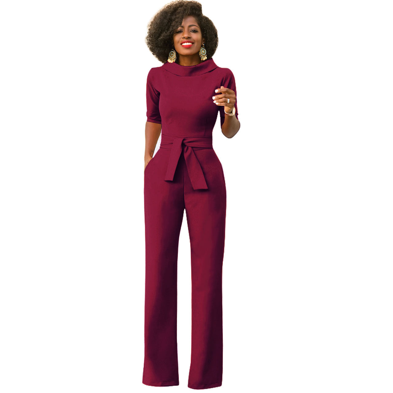 Women's Solid Color Five-Quarter Sleeve High-Waist Wide-Leg Jumpsuit