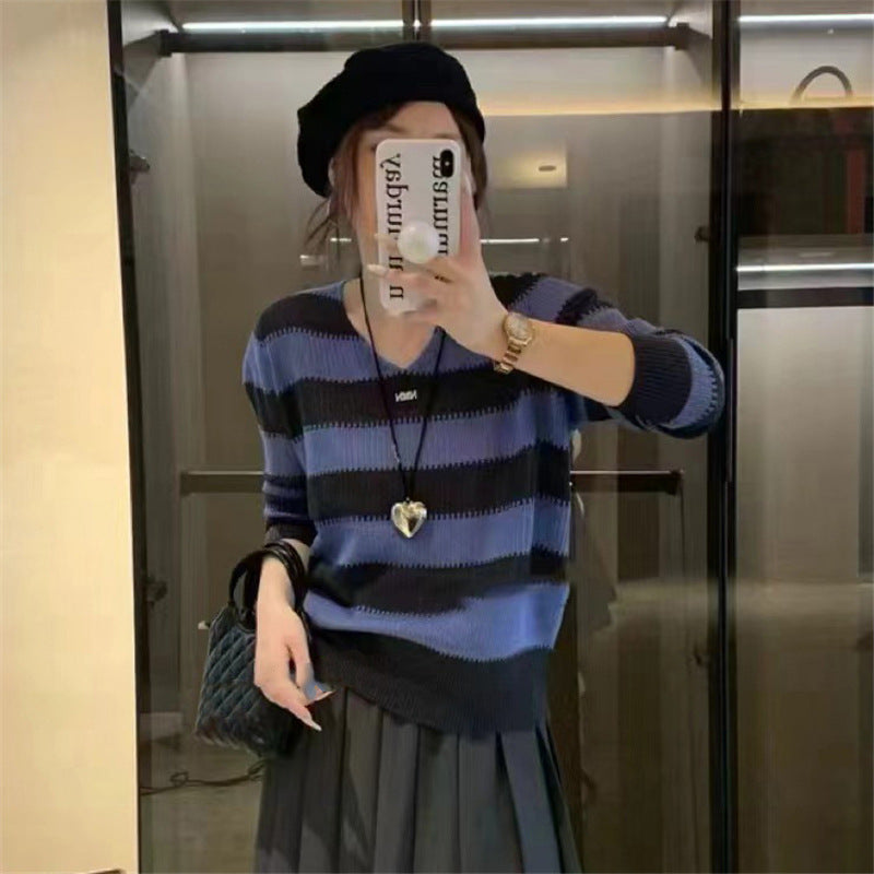 Women's V-Neck Striped Color-Block Long Sleeve Sweater – Autumn Inner Bottoming Shirt