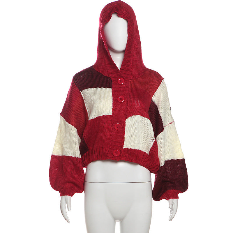 Women's Fashion Hooded Round Neck Cardigan with Button Detail - Plaid Knitted Coat