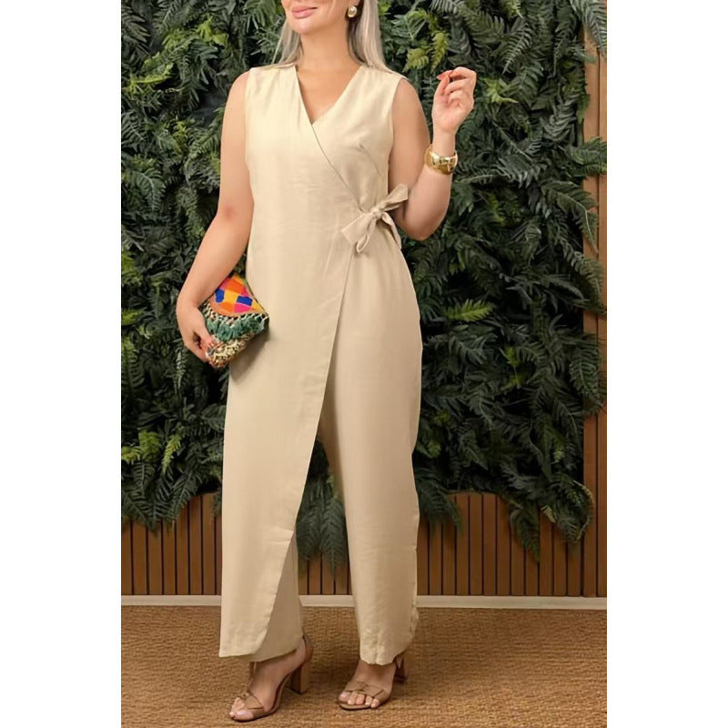 Women's Solid Color Casual V-neck Bandage Jumpsuit