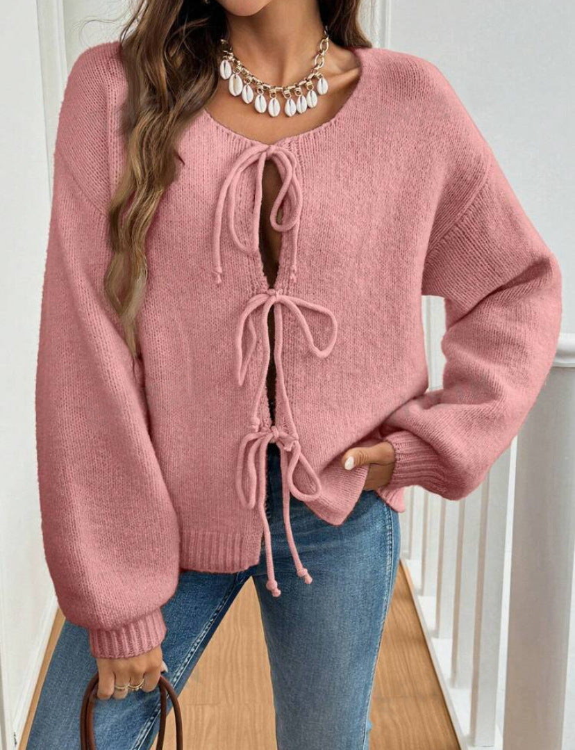 Women's Casual Loose Lace-Up Cardigan – Solid Color Sweater