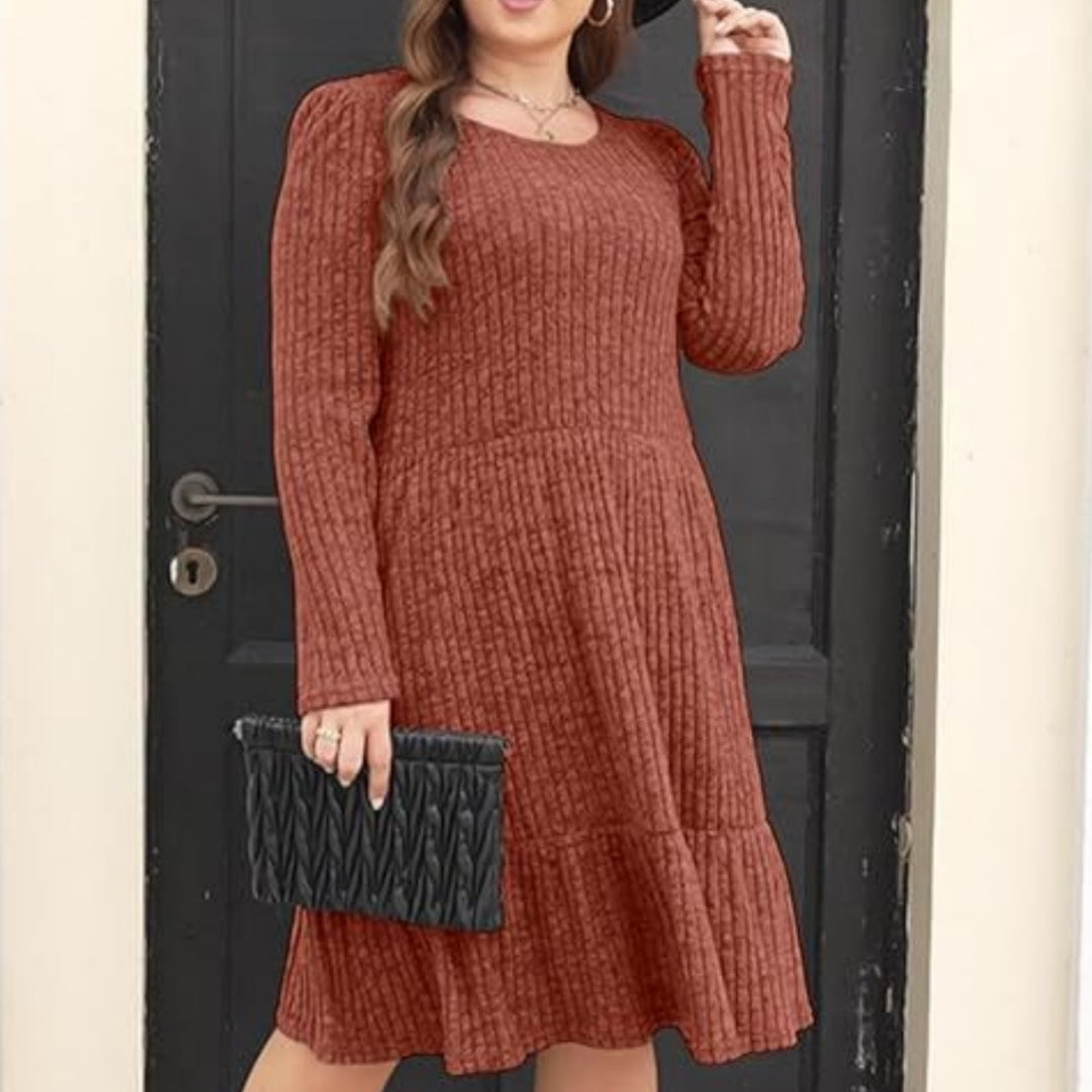 Solid Color Round Neck Knitted Sweater Dress