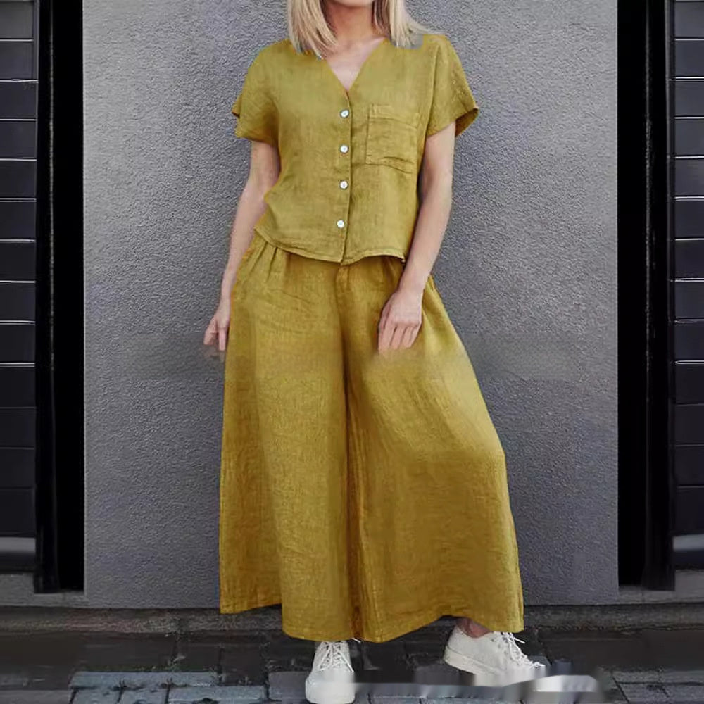 Women's Solid Color Short-sleeve Shirt and Wide-leg Pants Set