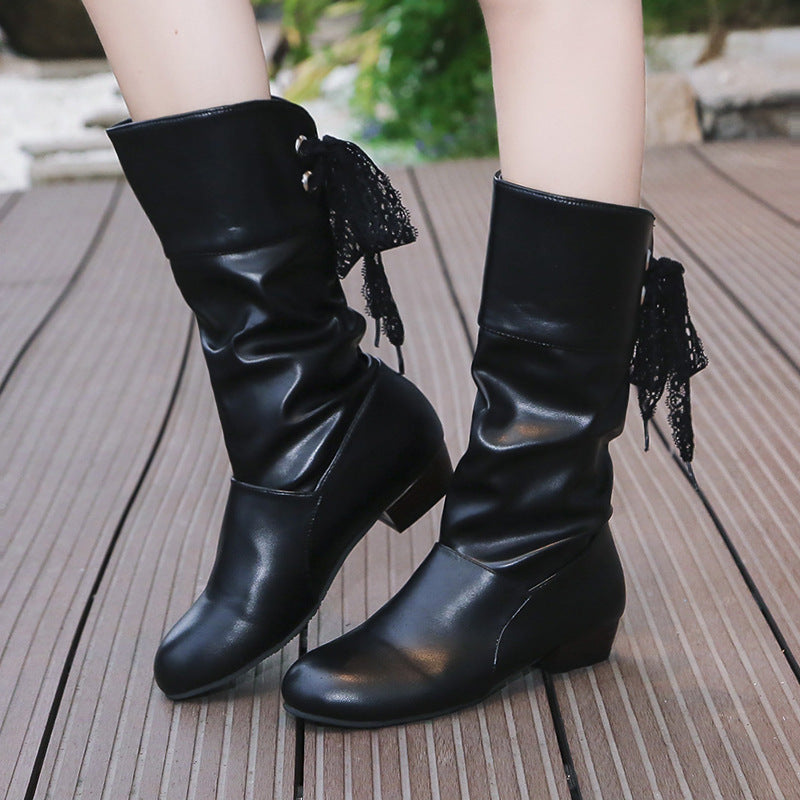 Student Mid-Calf Slingback Boots with Low Heel and Round Toe