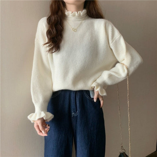 Red Wooden Ear Half Turtleneck High-Quality Sweater