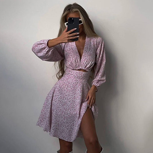 Long Sleeve V-Neck Hollow Printed Dress