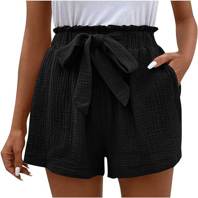 Women's Loose High-Waisted Elastic Waist Solid Color Casual Shorts with Wide Legs