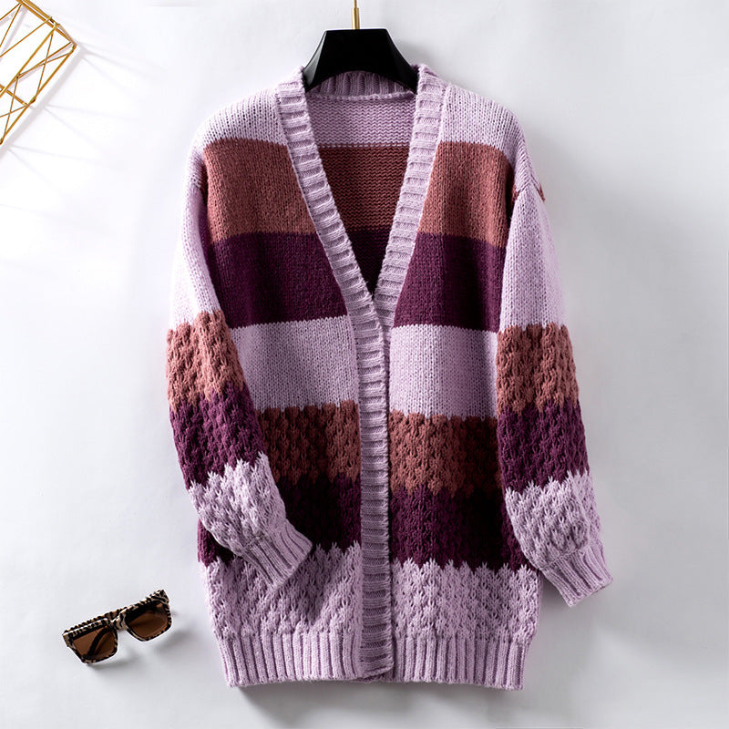 Women's European and American Style Drizzling Contrast Color Striped Sweater Cardigan