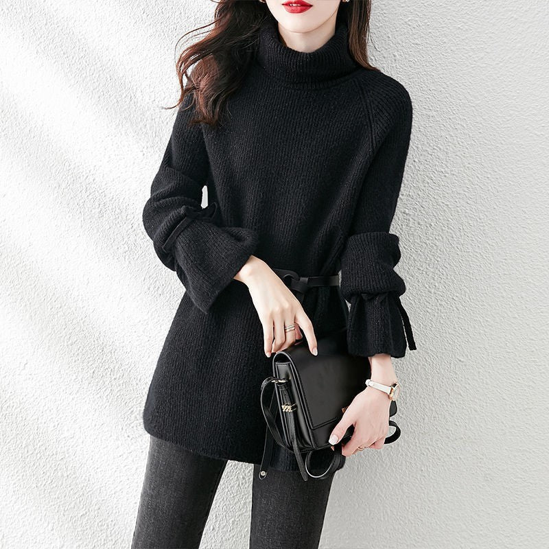 Chic High Collar Lace-up Loose Mid-length Slimming Sweater for Women