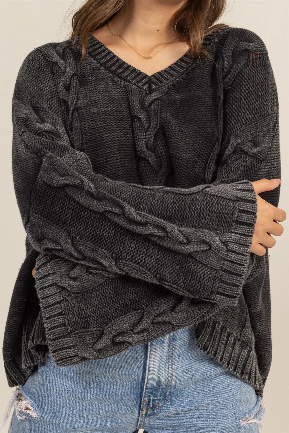 Cable Knit V-Neck Oversized Sweater with Dropped Shoulders