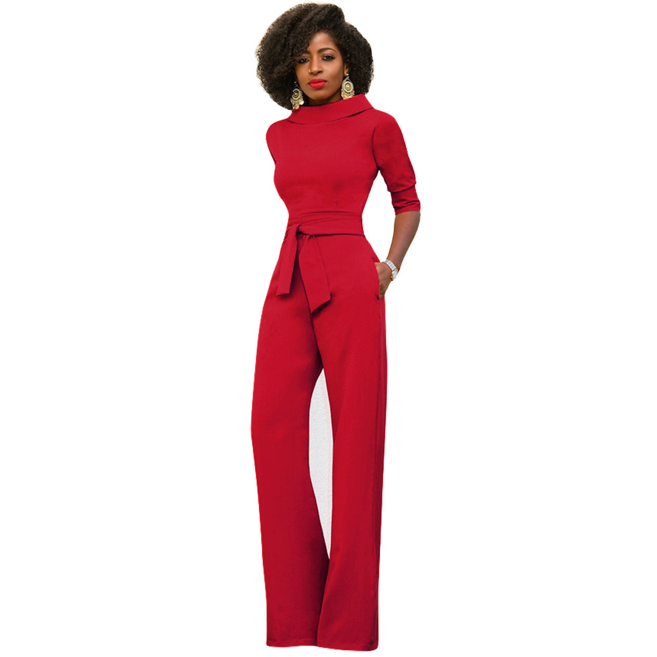 Women's Solid Color Five-Quarter Sleeve High-Waist Wide-Leg Jumpsuit