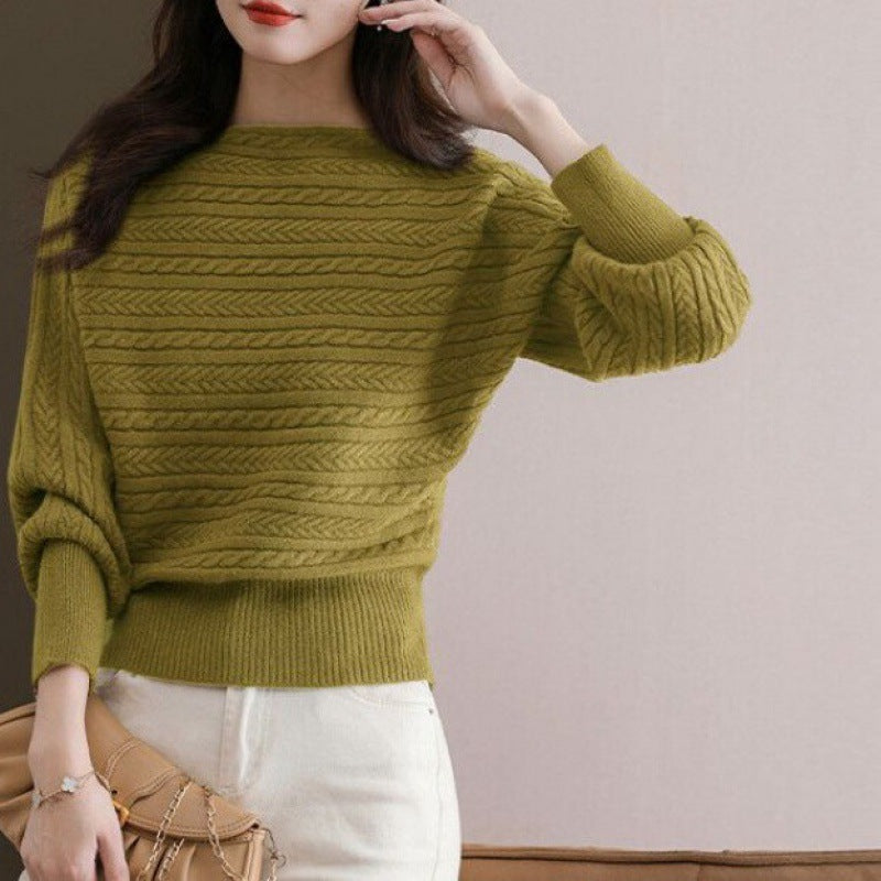 Autumn and Winter Boat Neck Loose-Fitting Batwing Sleeve Knitted Top