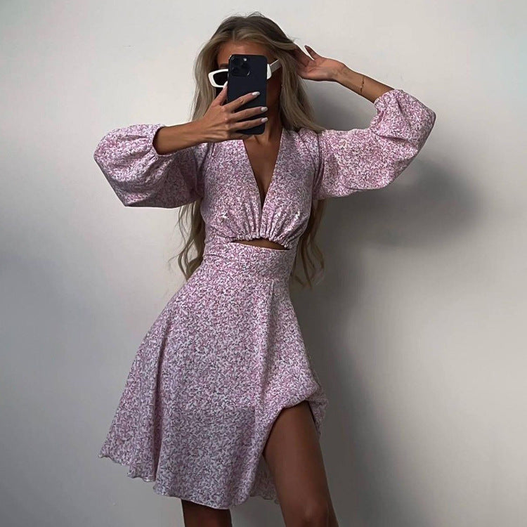 Long Sleeve V-Neck Hollow Printed Dress