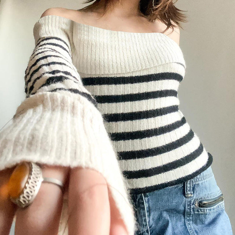 European and American Style Off-Shoulder Sweater with Contrast Color Stripes