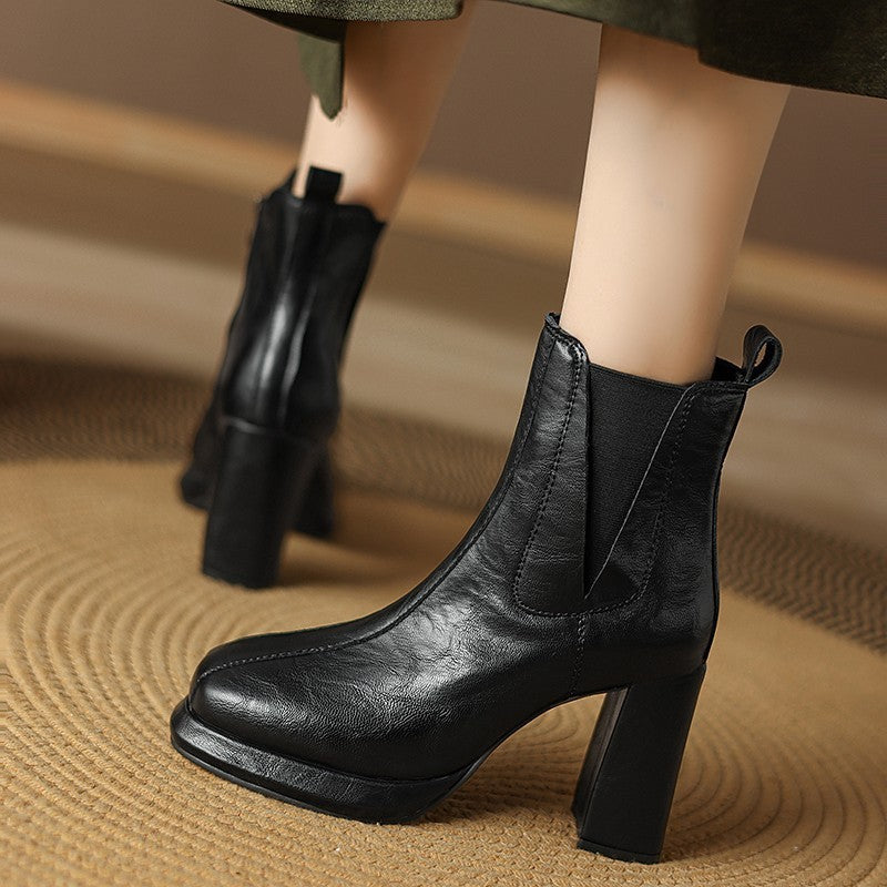 Square Toe Short Tube Waterproof Platform Boots with Thick High Heels