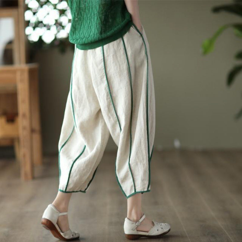 Women's Summer Thin Striped Cotton Linen Cropped Pants