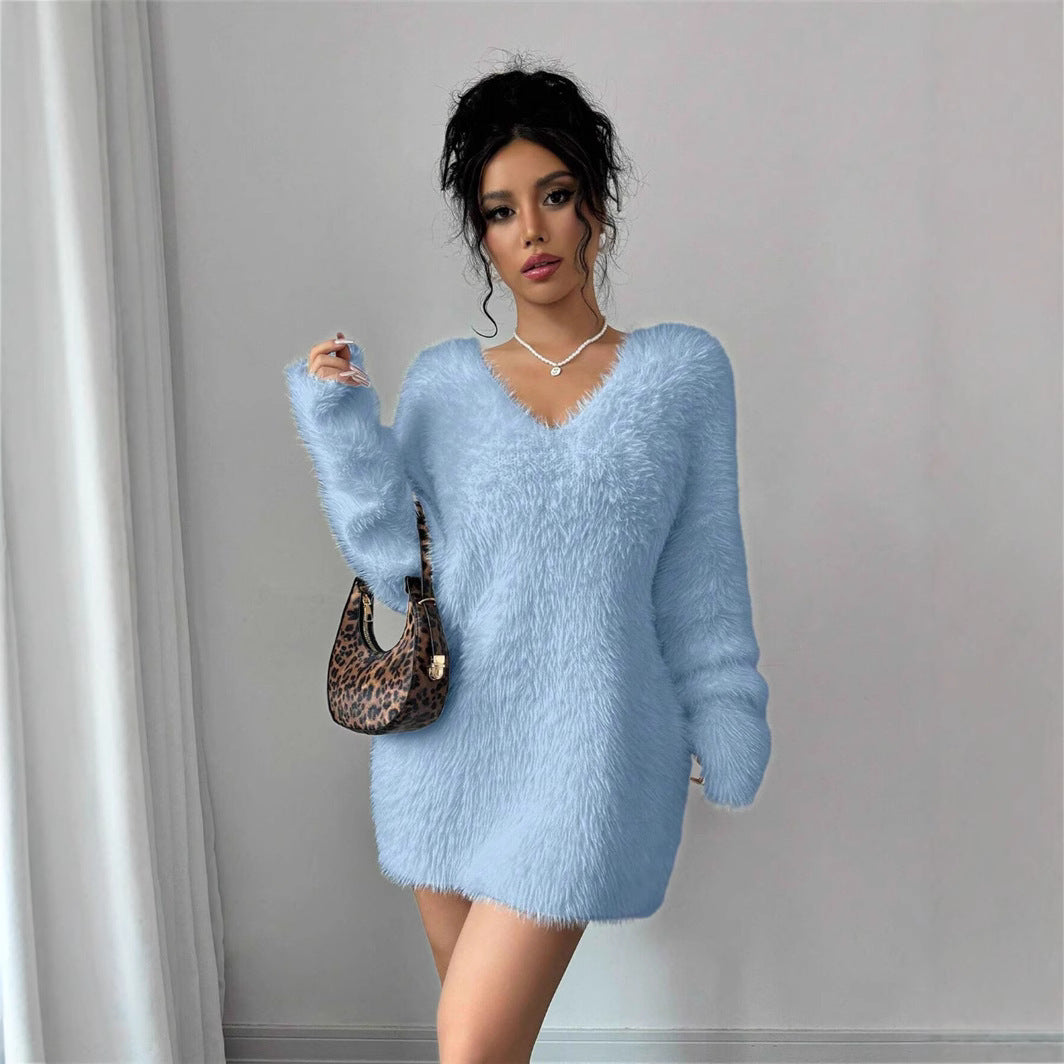 V-Neck Solid Color Knitted Sweater for Women