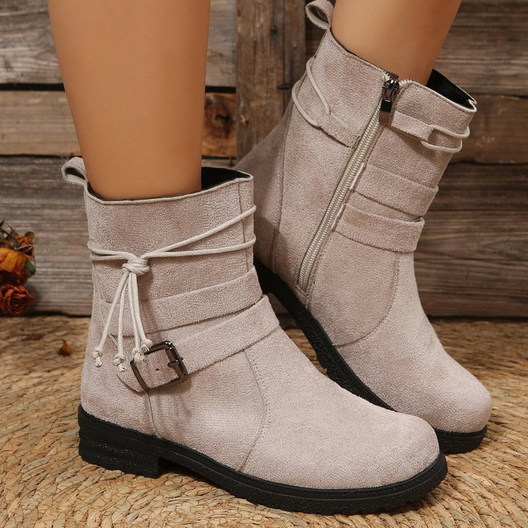 New Fashion Mid-Calf Boots with Side Zipper, Buckle Detail, Square Heel, and Round Toe