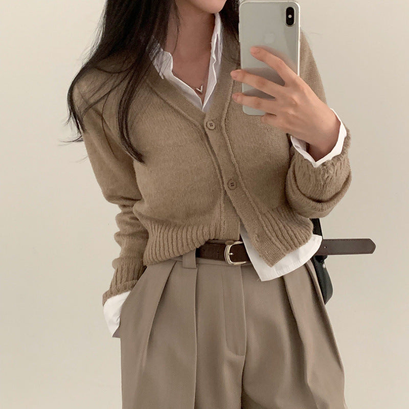 Simple All-Match V-Neck Single-Breasted Sweater Coat for Women