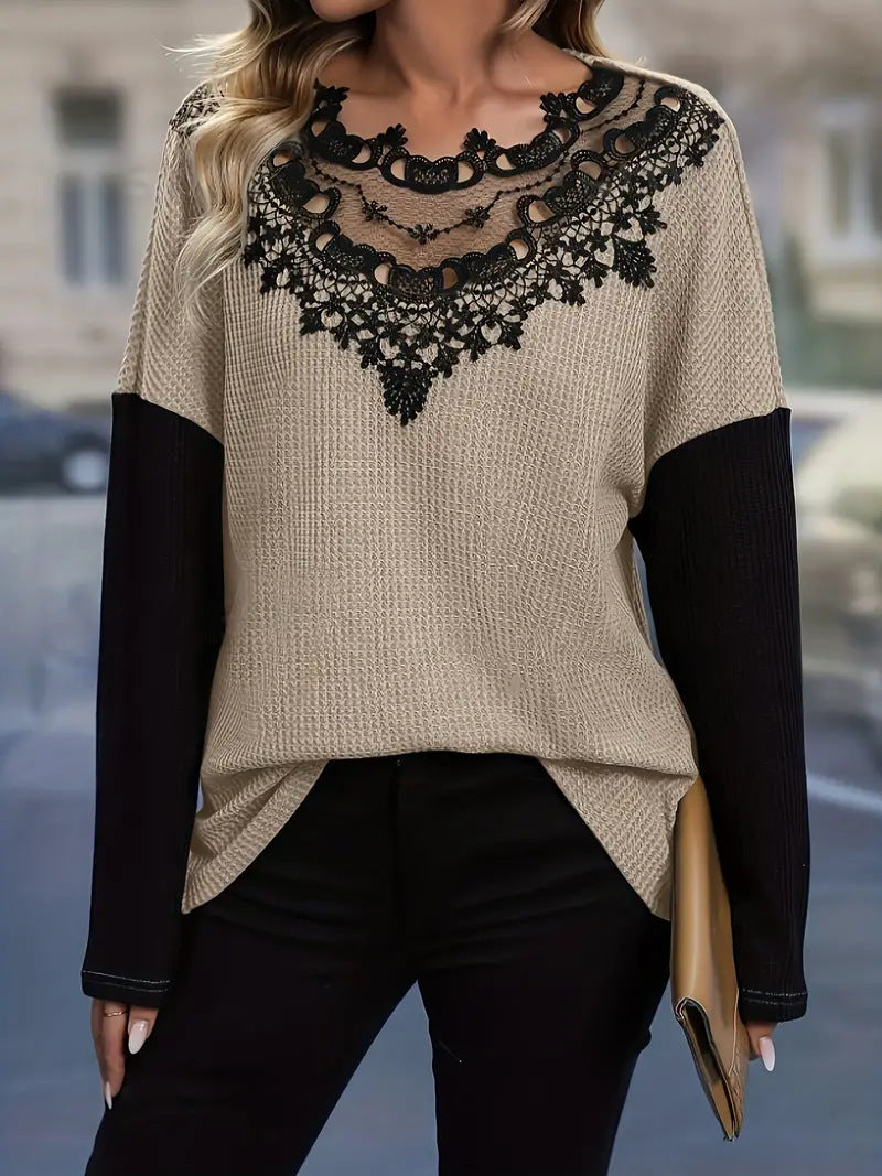 Lace Stitching Hollow-Out Loose Long Sleeve Top for Women