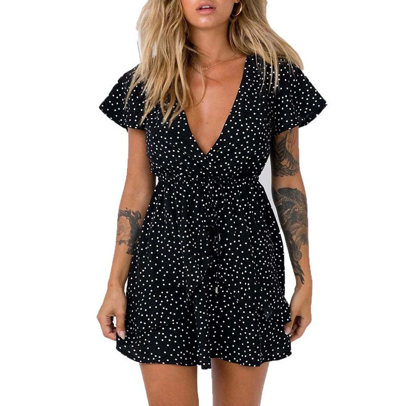 V-neck Polka Dot Waist Slimming Dress