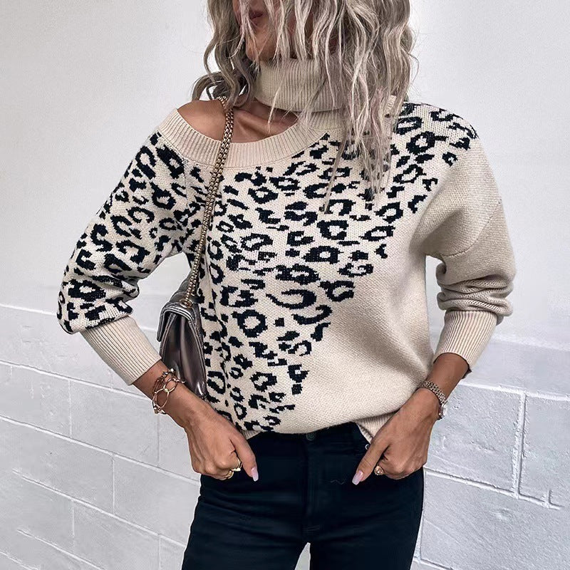 Leopard Print Studded Shoulder-Baring Sweater – Women's Long-Sleeved Autumn & Winter Style