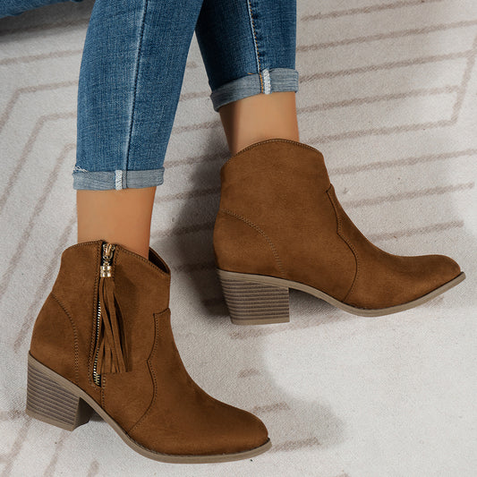 Women's Low-Top Boots with Metal Zip and Tassel Detail